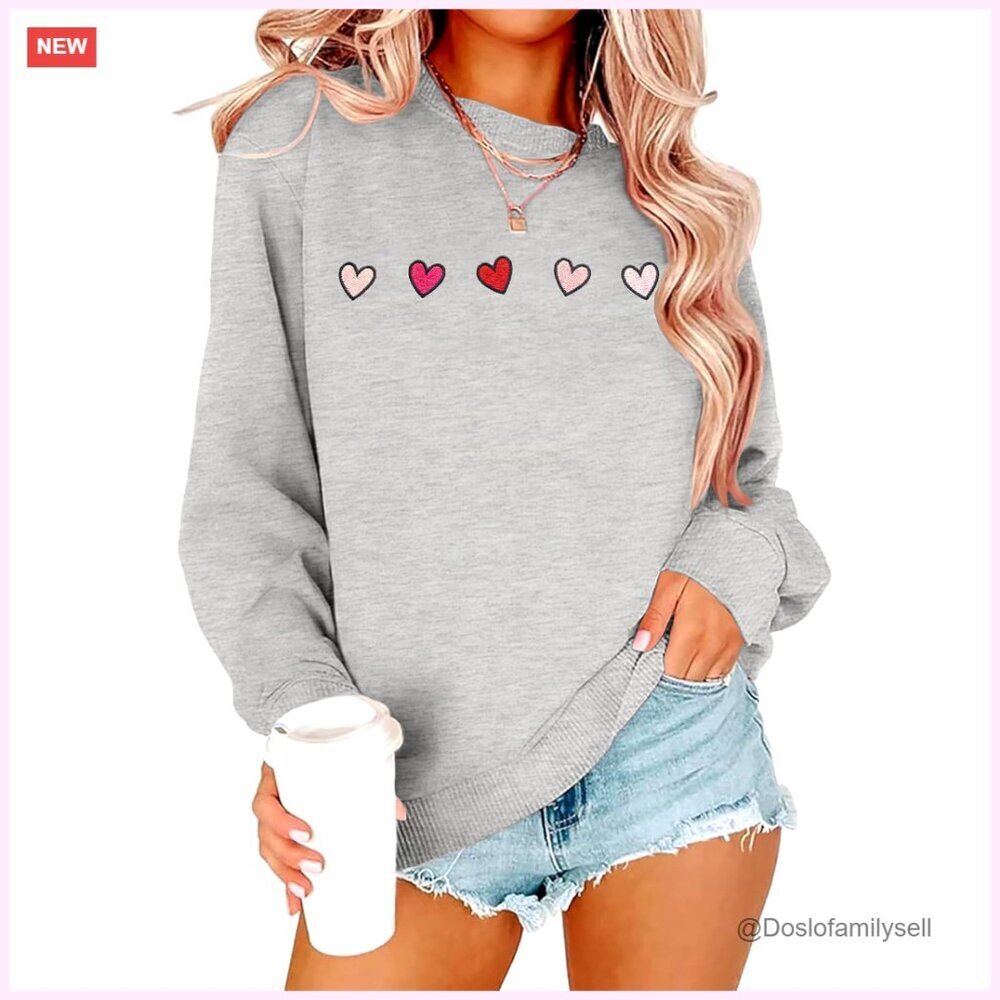 Heart Embroidery Sweatshirt Women's Casual Pullover Long Sleeve Valentine Top